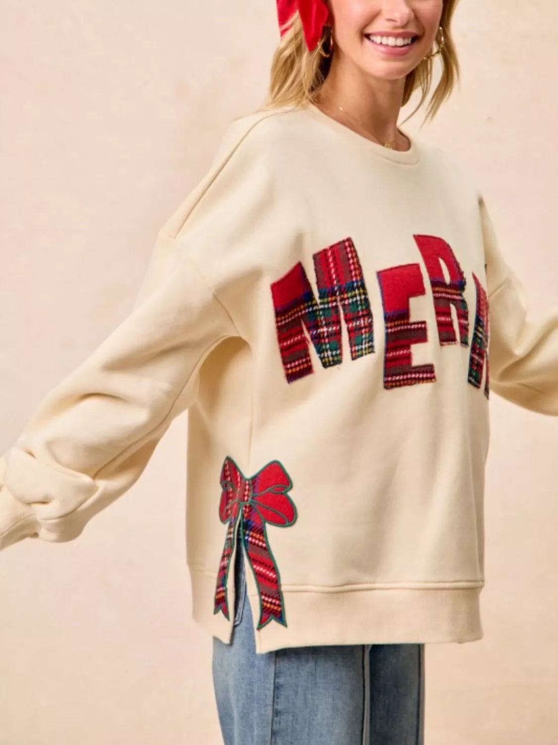 MERRY Bow Slit Crew Neck Christmas Sweatshirt OutfitFlow