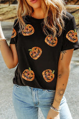 Sequin Pumpkin Round Neck Short Sleeve T-Shirt Black OutfitFlow