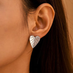 Stainless Steel Heart Leaf Stud Earring Silver One Size OutfitFlow
