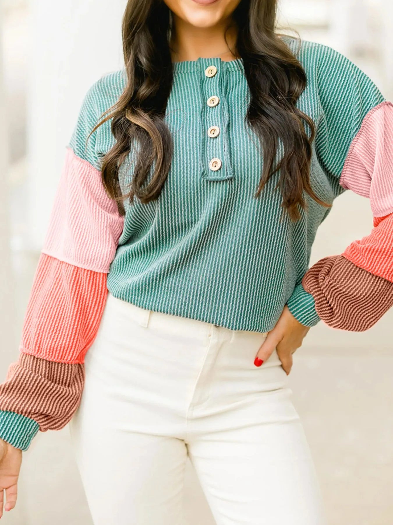 Color Block Ribbed Knit Henley Sweatshirt Teal OutfitFlow