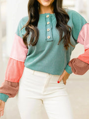 Color Block Ribbed Knit Henley Sweatshirt Teal OutfitFlow