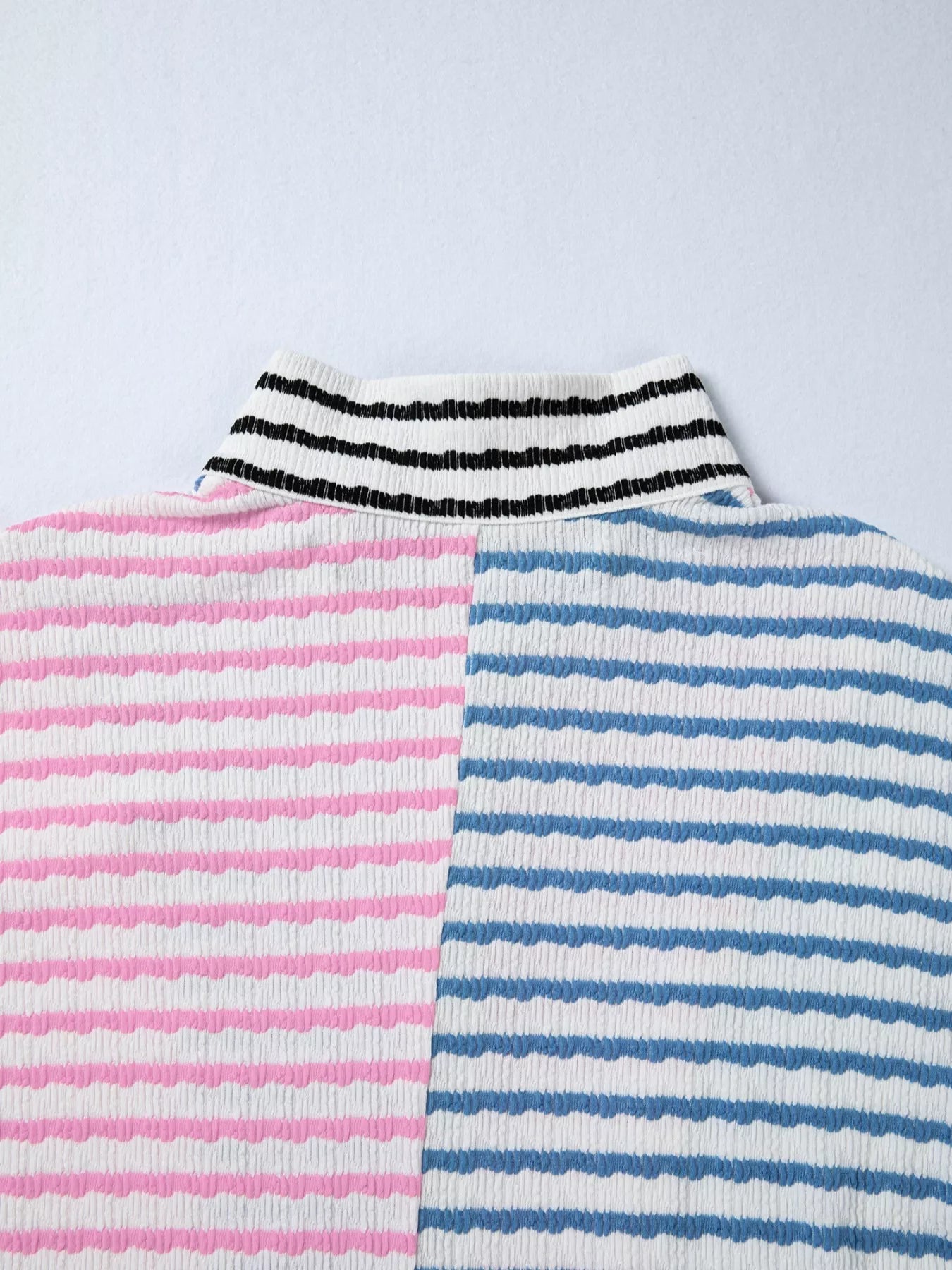 Striped Color Block Patchwork Half Zip Drop Shoulder Long Sleeve Top OutfitFlow