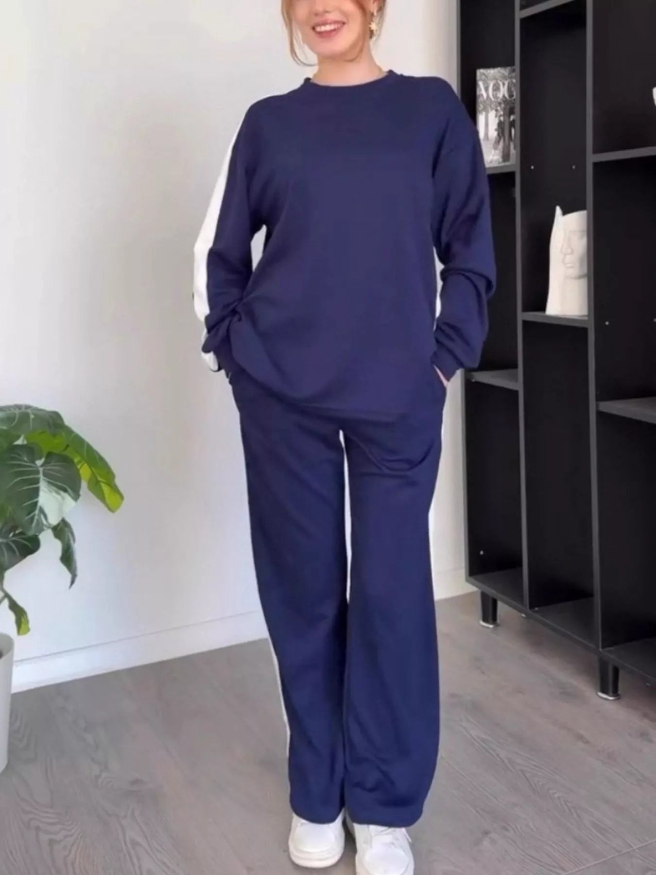 Full Size Contrast Round Neck Top and Pants Set Plus Size Dark Blue OutfitFlow