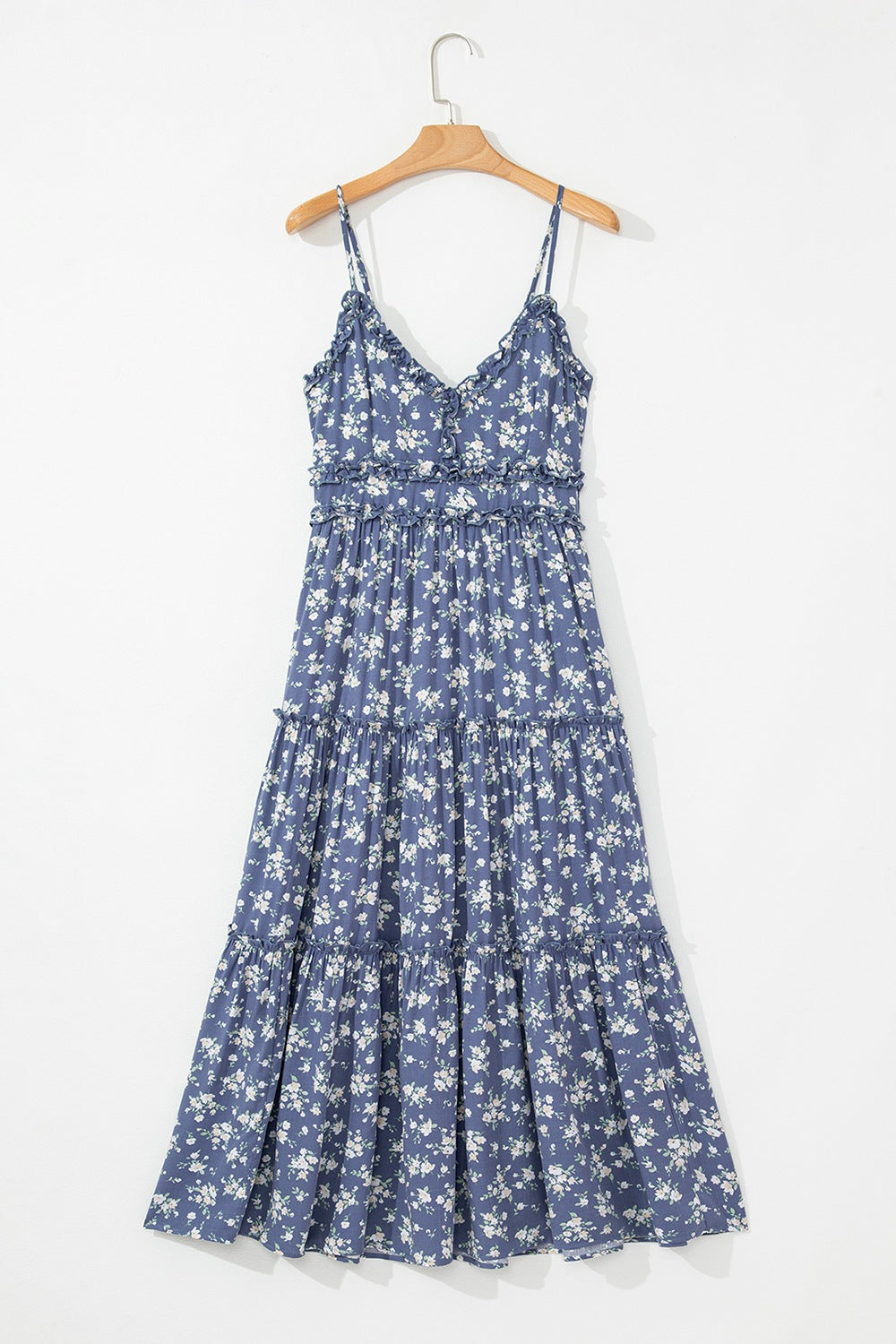 Floral Spaghetti Strap Frilled V Neck Tiered Midi Dress OutfitFlow