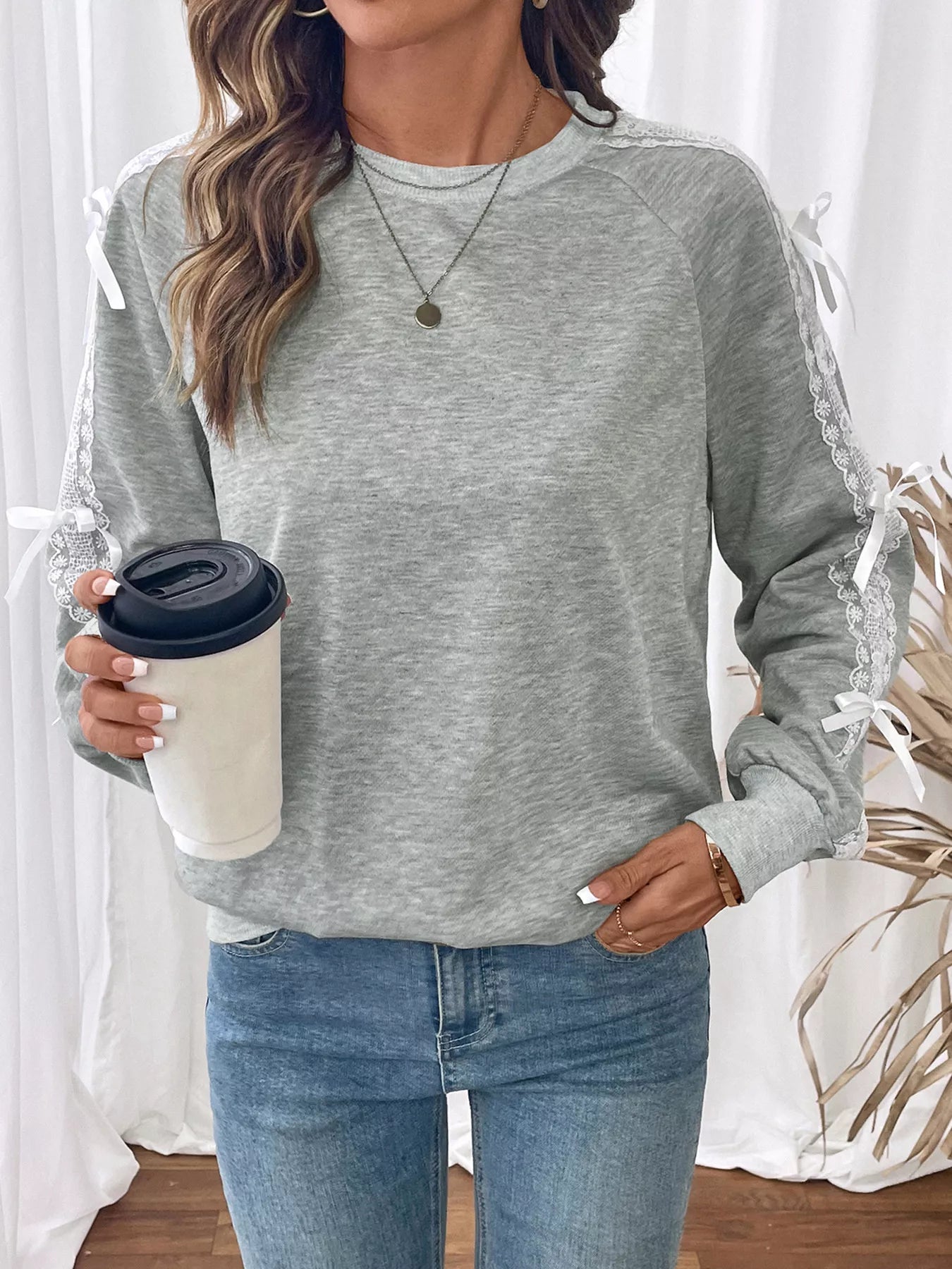 Lace Detail Round Neck Sweatshirt OutfitFlow