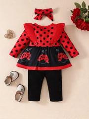 Children's Ruffled Top and Pants Set with Headband Red Trendsi