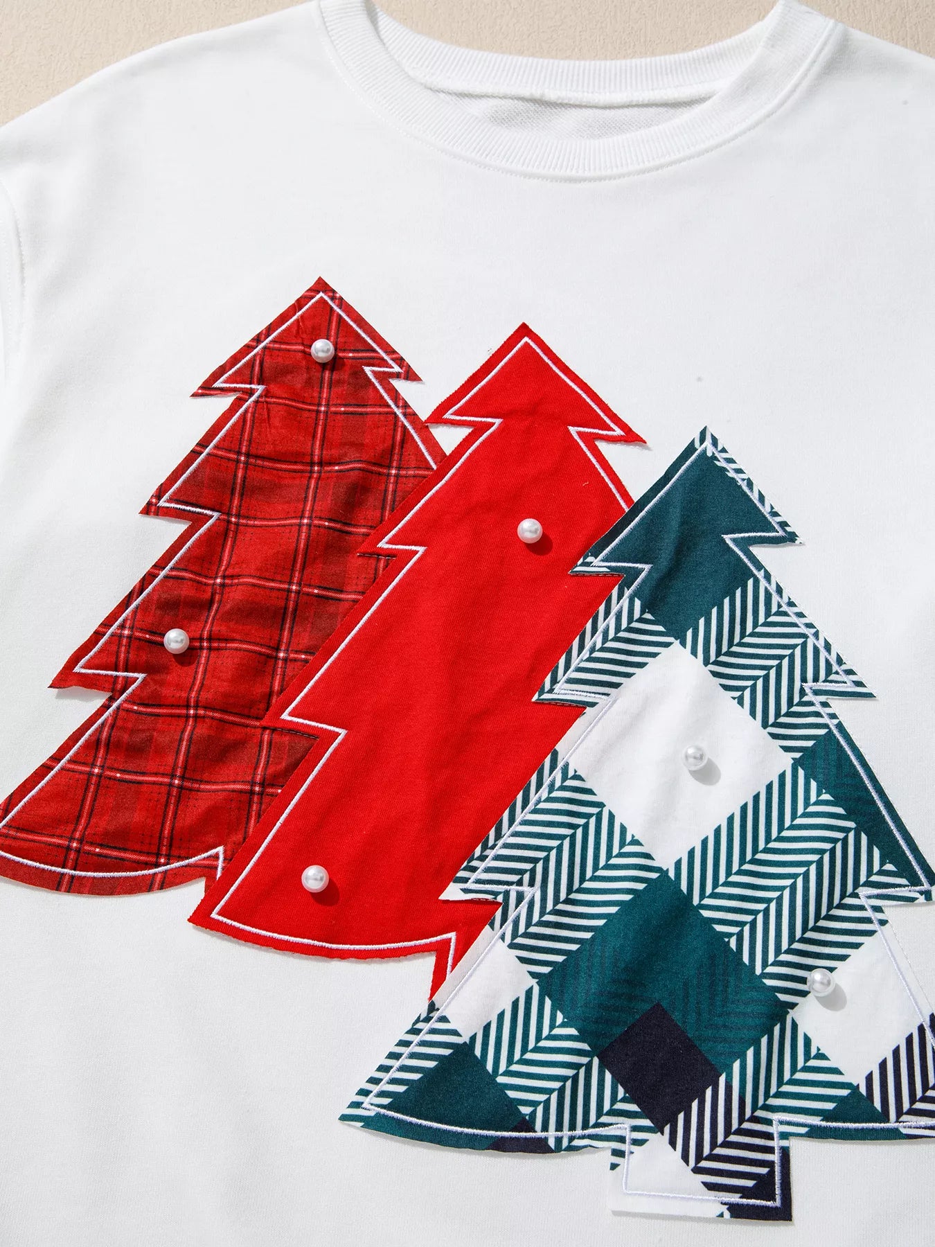 Pearl Plaid Christmas Tree Patched Drop Shoulder Sweatshirt OutfitFlow