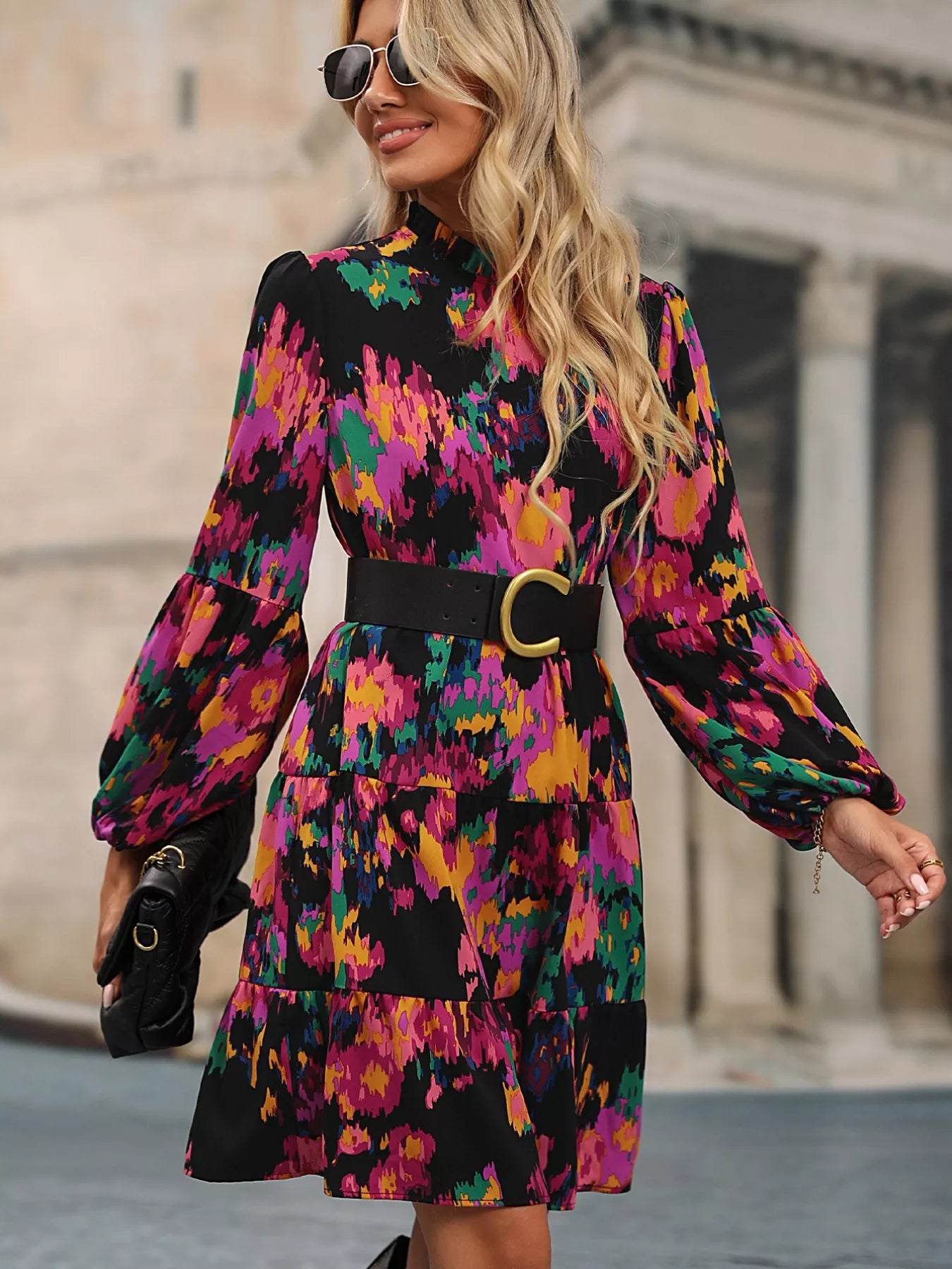 Printed Balloon Sleeve Mini Dress OutfitFlow