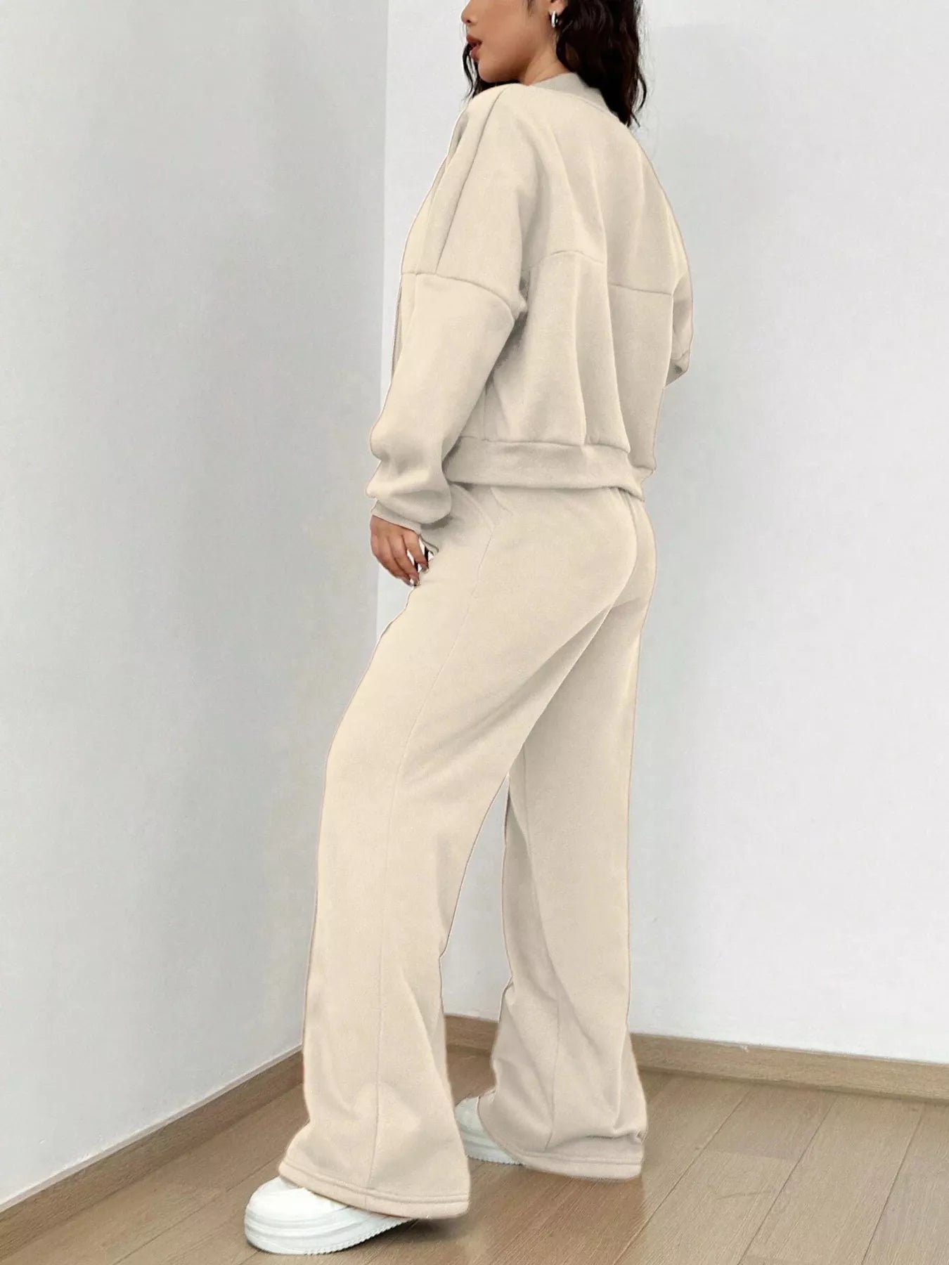 Casual Solid Color Zipper Jacket and Wide Leg Pants Set OutfitFlow