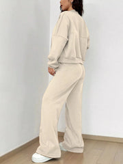 Casual Solid Color Zipper Jacket and Wide Leg Pants Set OutfitFlow