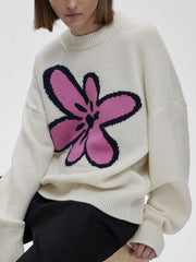 Flower Ribbed Hem Round Neck Sweater OutfitFlow
