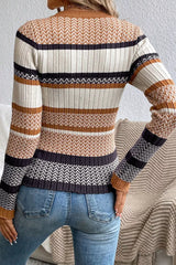 Stripe Stylish Pattern Knitted Ribbed Trim Slim Sweater OutfitFlow
