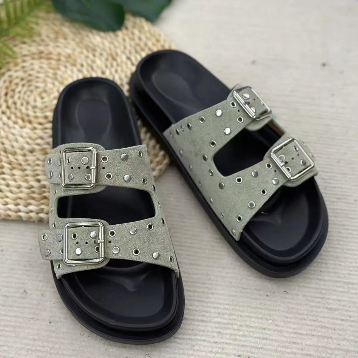 Double Buckle Open Toe Flat Sandals Sage OutfitFlow