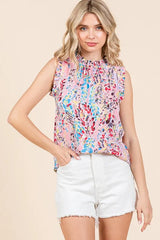 Lime 'N' Chili Full Size Graphic Print Ruffle Trim Mock Neck Sleeveless Top Plus Size OutfitFlow