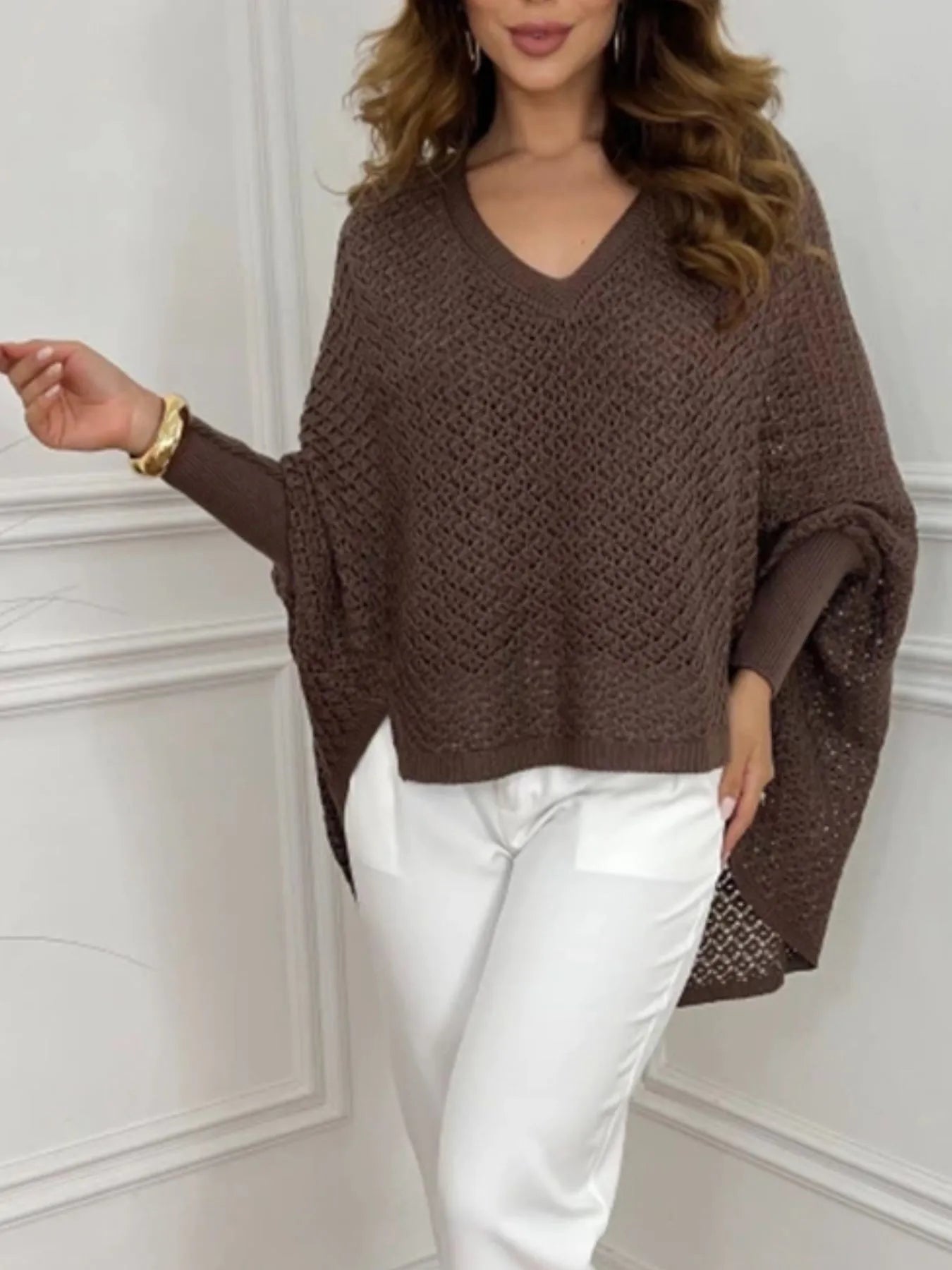 Crochet V-Neck Batwing Sleeves Oversized Sweater OutfitFlow