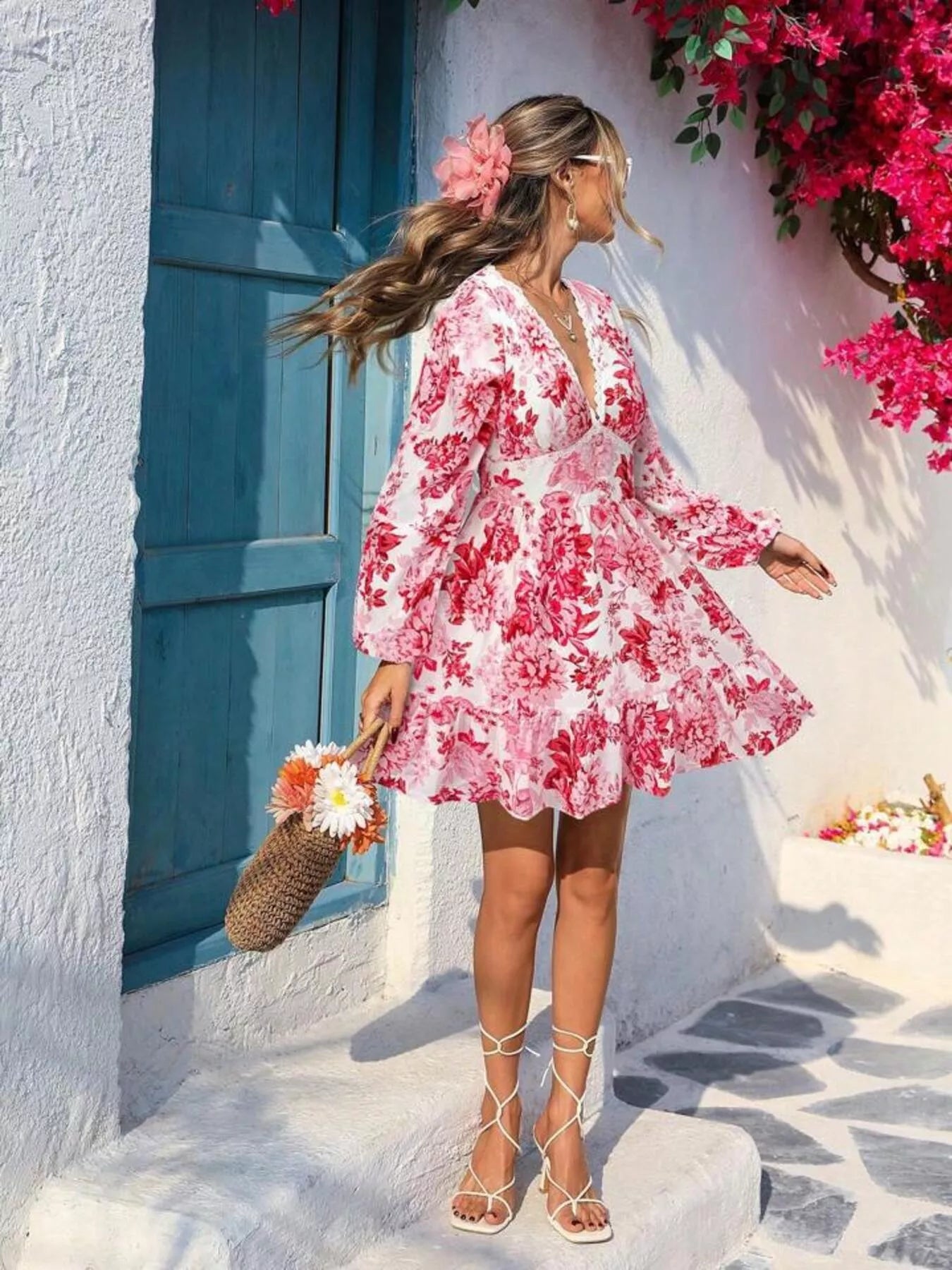 Full Size Floral Print V-Neck Long Sleeve Ruffle Hem Mini Dress Plus Size Trendsi