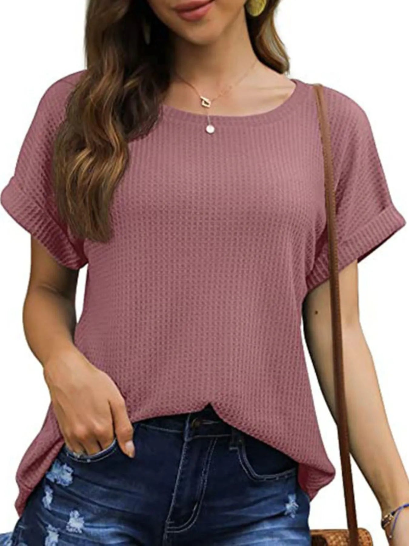 Full Size Waffle Knit Relaxed Fit T-Shirt Plus Size Brick Red OutfitFlow
