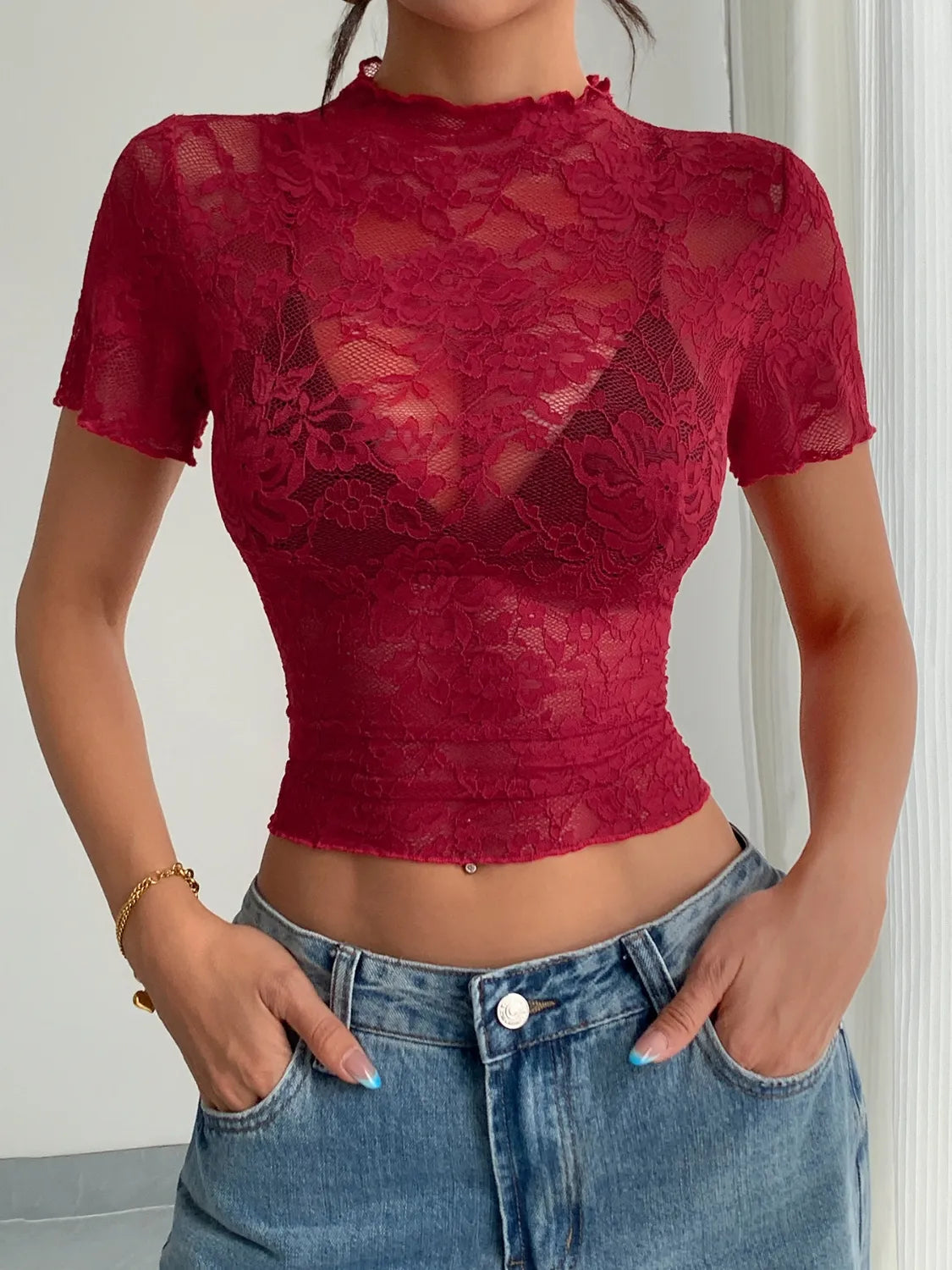 Lace Mock Neck Short Sleeve Top OutfitFlow