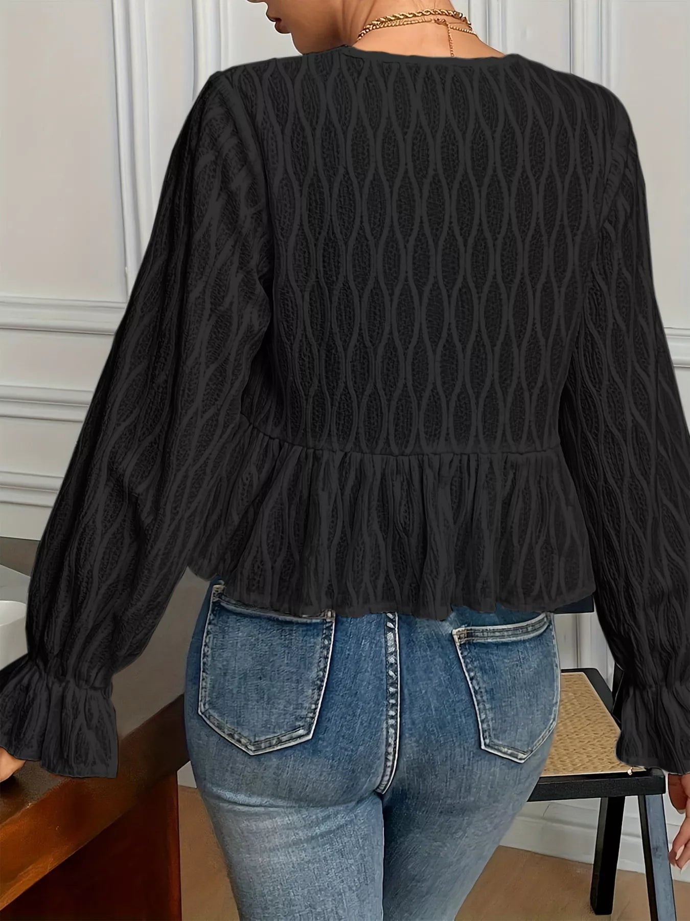 Tie Front Flounce Sleeve Blouse OutfitFlow