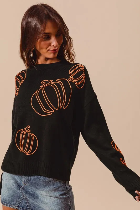 SO ME Pumpkin Embroidered Halloween Thanksgiving Sweater OutfitFlow