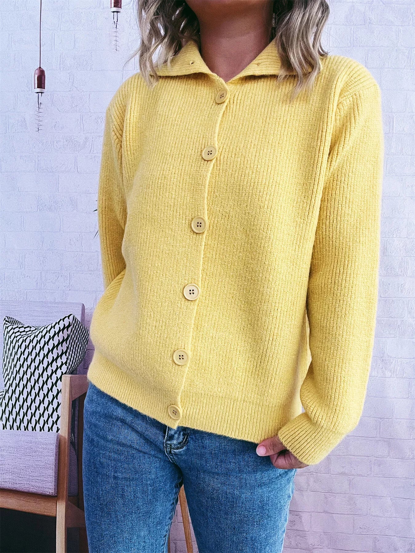 Ribbed Button-Up Cardigan Yellow One Size OutfitFlow