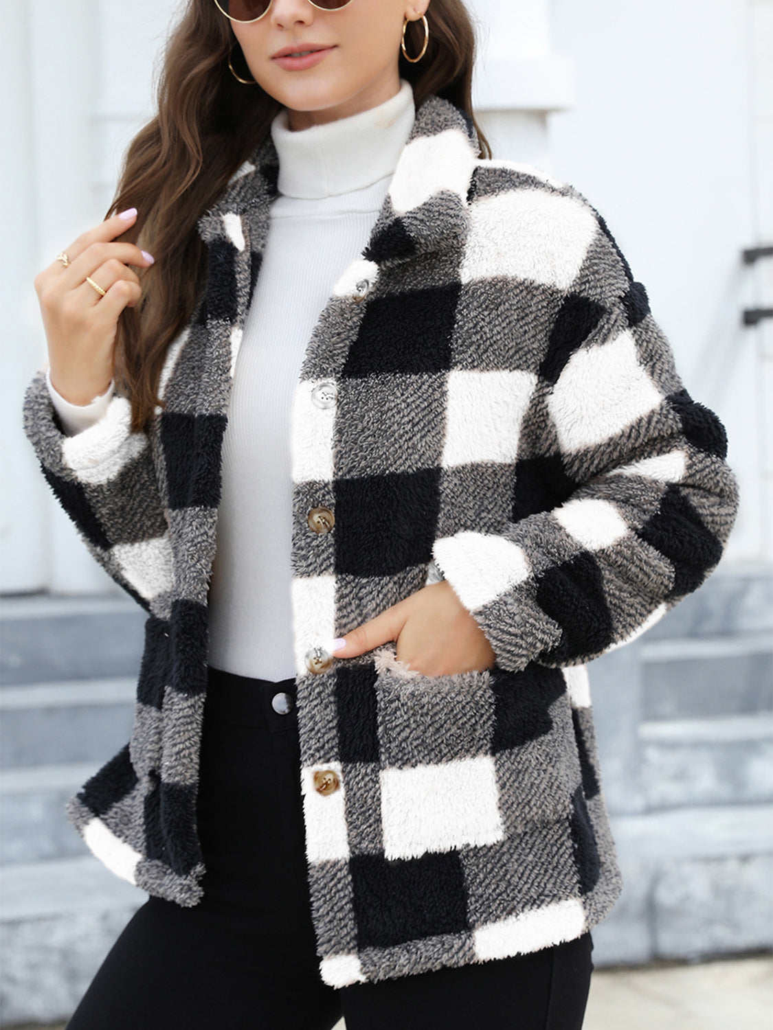 Outfit Flow - Button Up Drop Shoulder Fuzzy Jacket