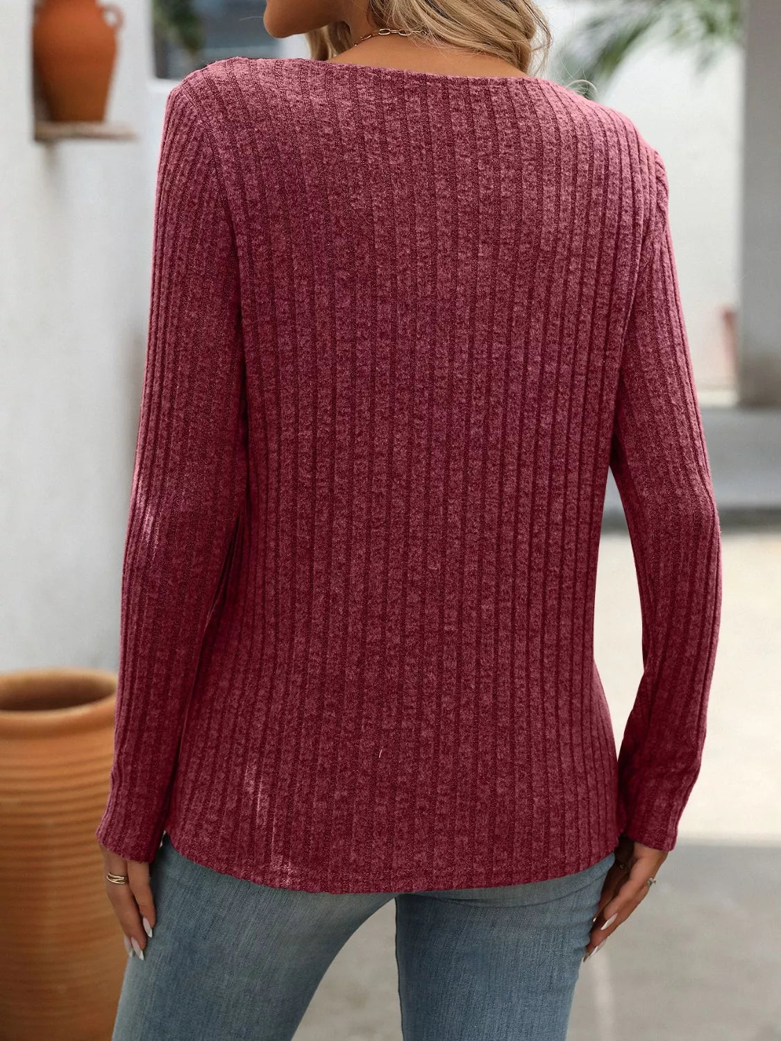 Ribbed Knit Long Sleeve Button Detail T-Shirt OutfitFlow