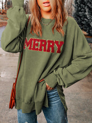 MERRY Side Slit Long Sleeve Sweatshirt OutfitFlow