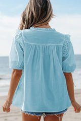 Eyelet Lace Trim Puff Sleeve Blouse OutfitFlow