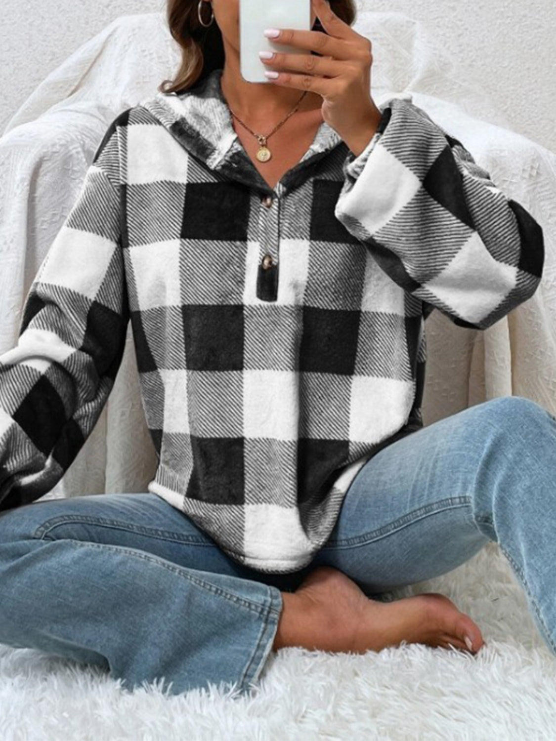 Outfit Flow - Plaid Half Button Long Sleeve Hoodie