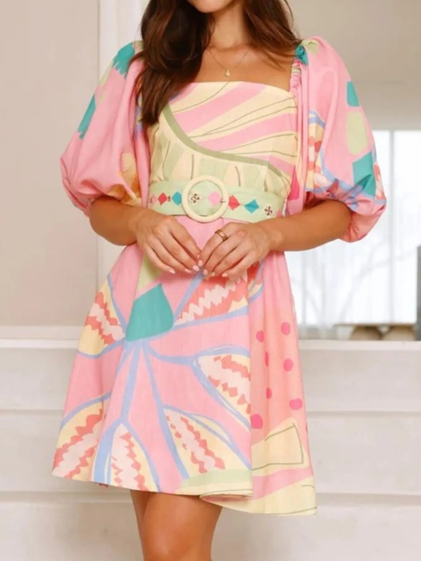 Colorful Print Belted Mini Dress with Puff Sleeves OutfitFlow