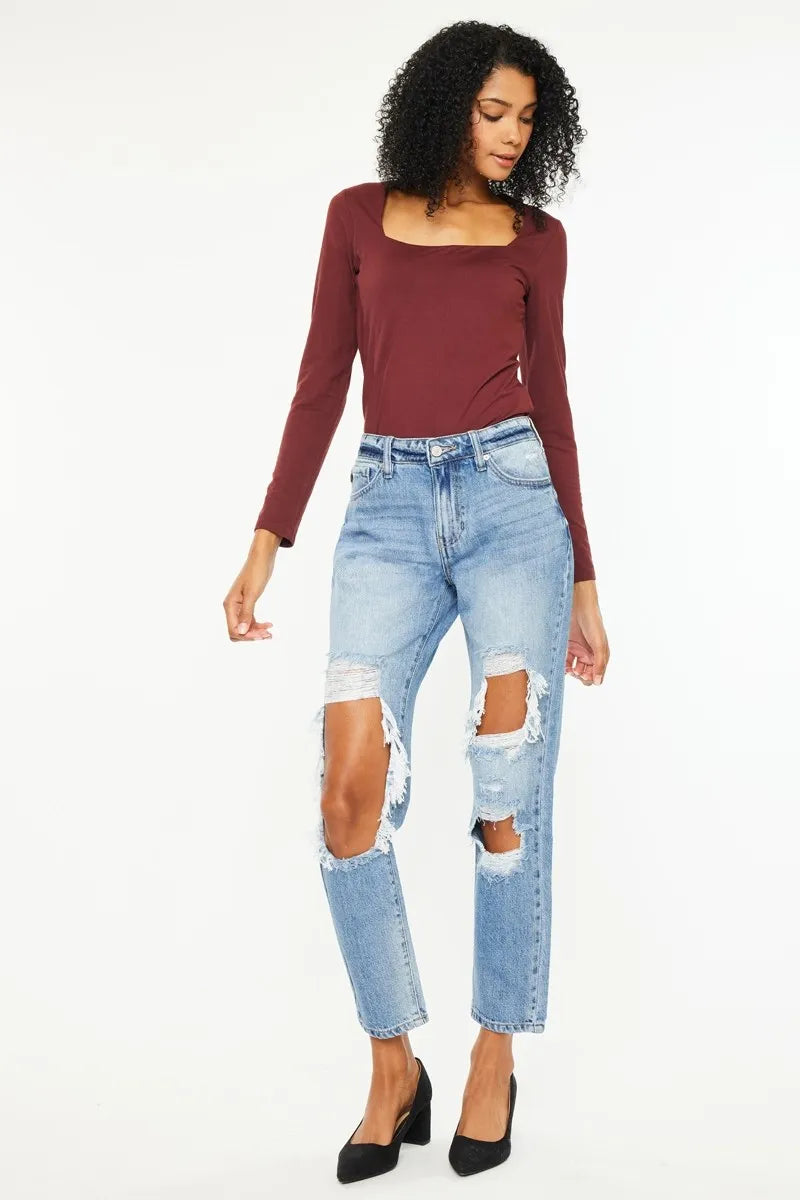 Kancan High Rise Distressed Boyfriend Jeans OutfitFlow