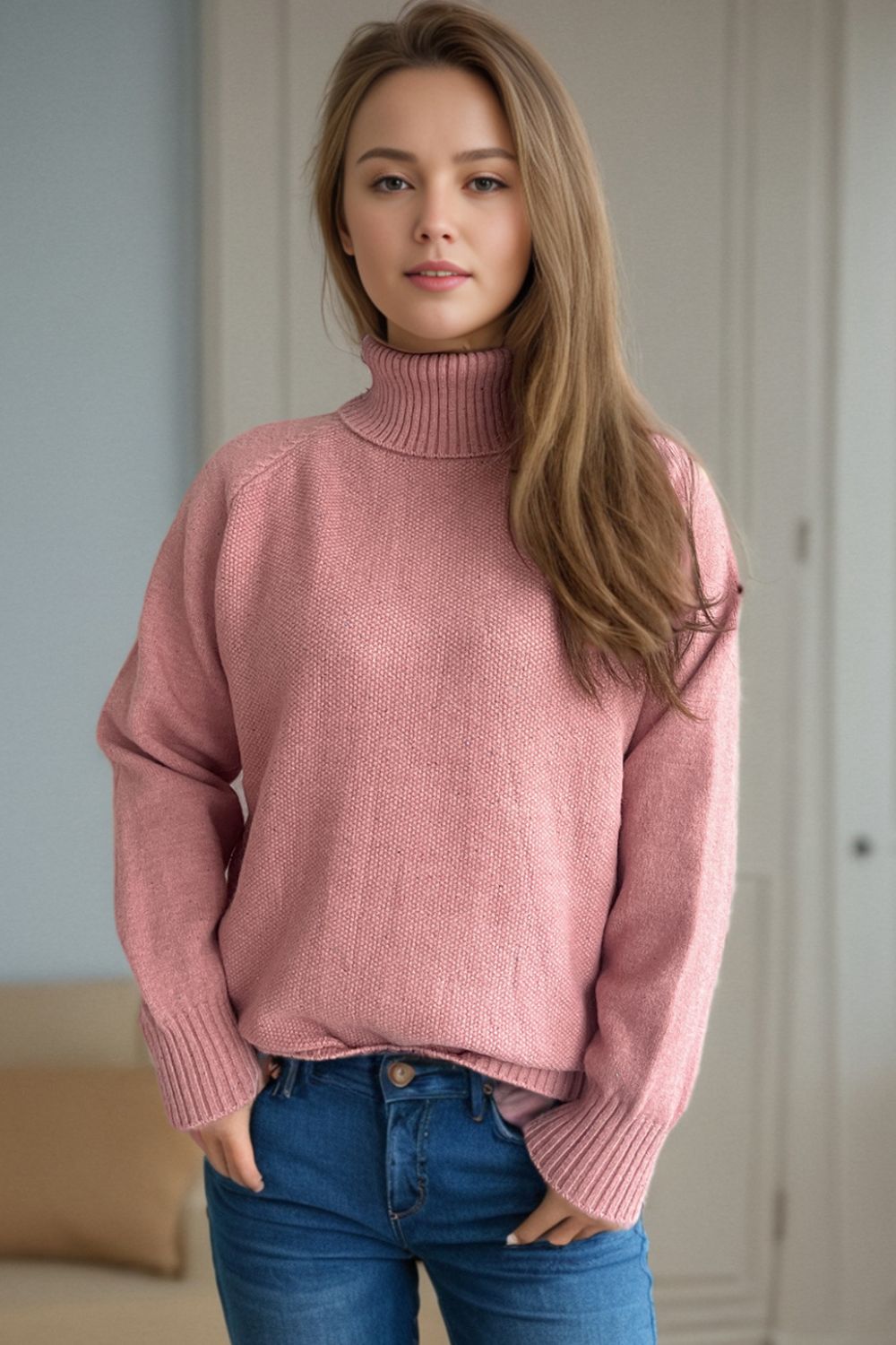 Outfit Flow - Ribbed Turtleneck Raglan Sleeve Sweater