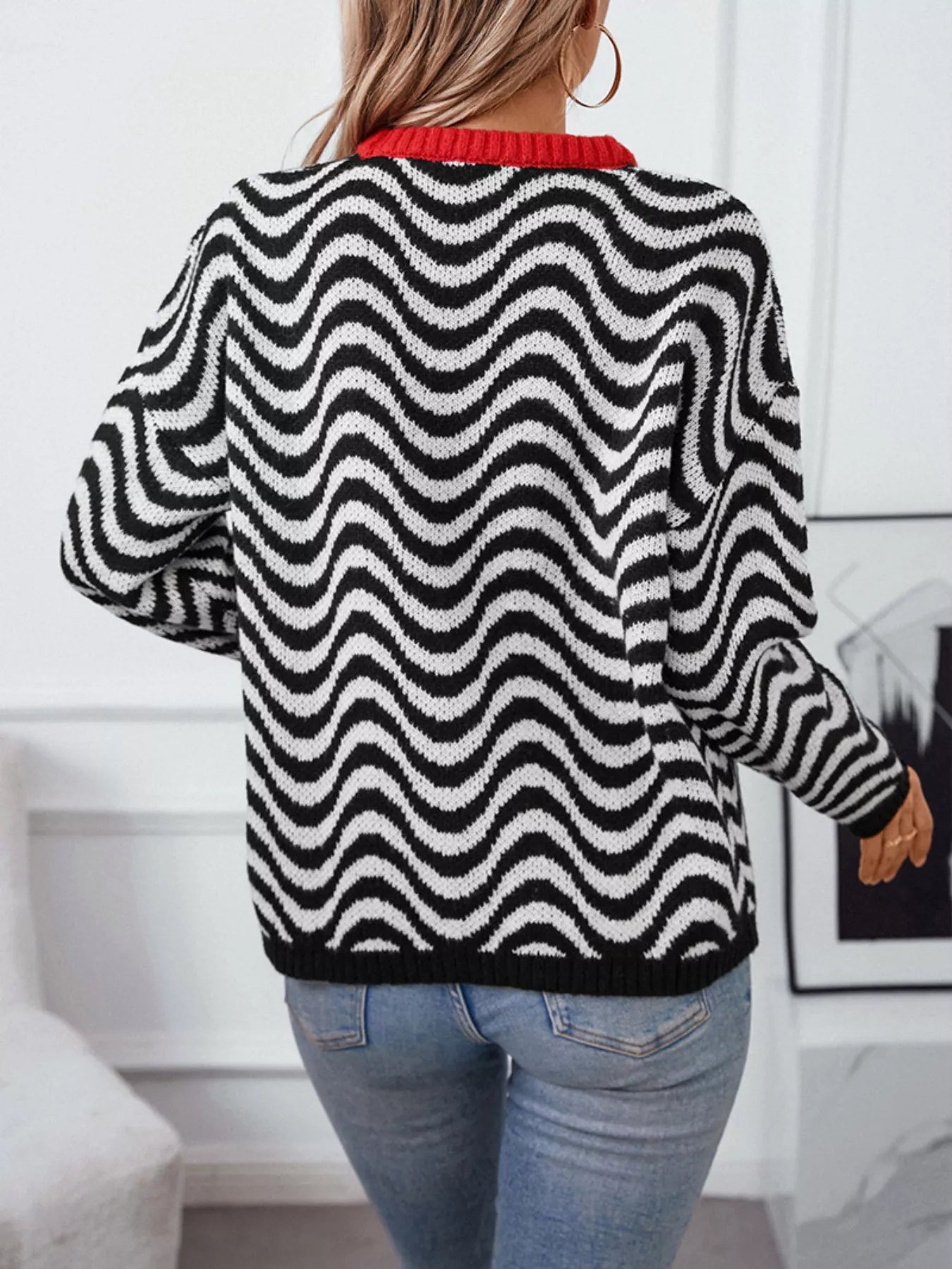 Wavy Striped Round Neck Sweater Trendsi