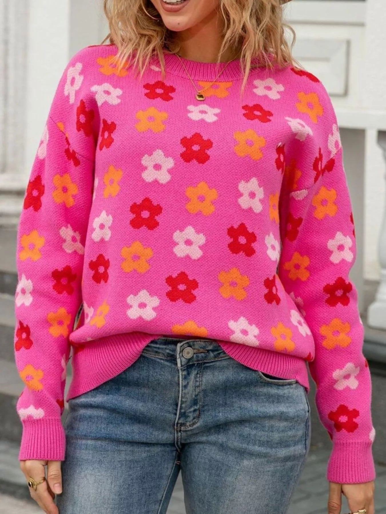 Floral Crew Neck Sweater Trendsi