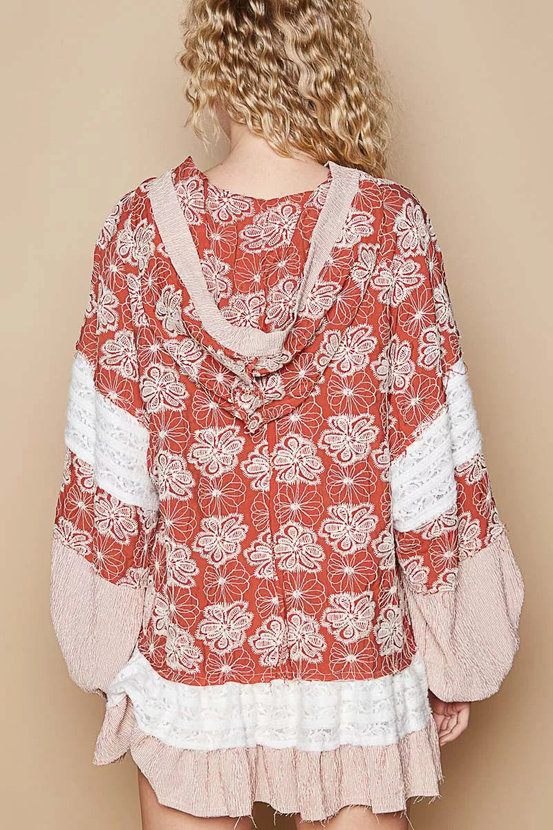 POL Ruffled Hem Floral Pattern Balloon Sleeve Hoodie Trendsi