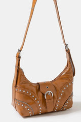 Fame Faux Leather Studded Trim Shoulder Bag OutfitFlow