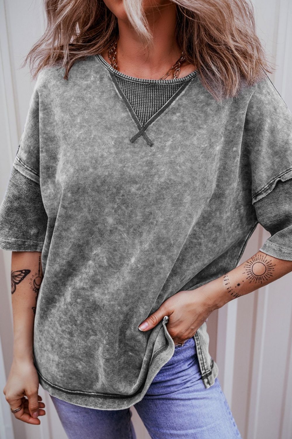 Mineral Wash Drop Shoulder Round Neck T-Shirt OutfitFlow
