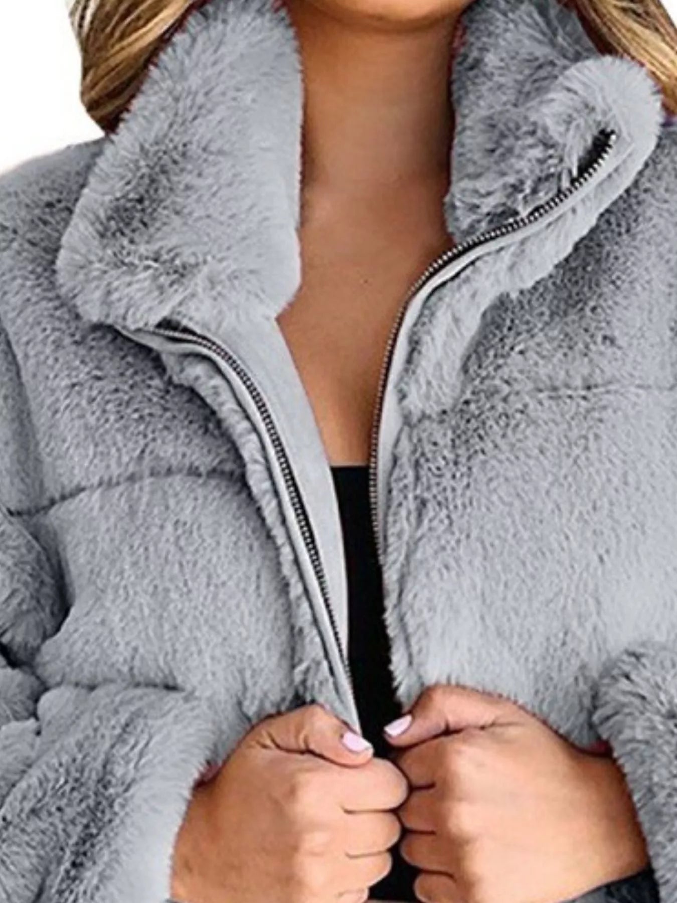 Full Size Faux Fur Cropped Zip-Up Jacket Plus Size Trendsi