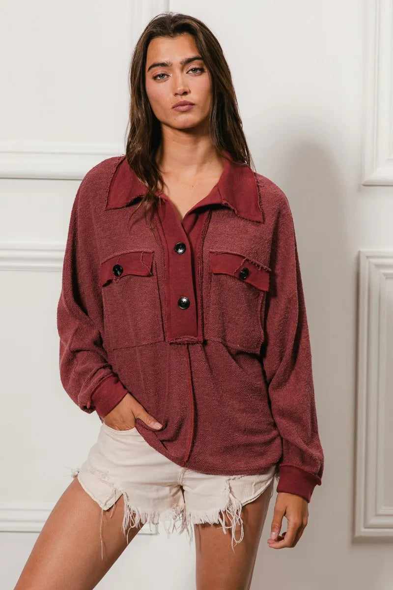 BiBi Cp French Terry Cut Edge Detail Collared Top OutfitFlow