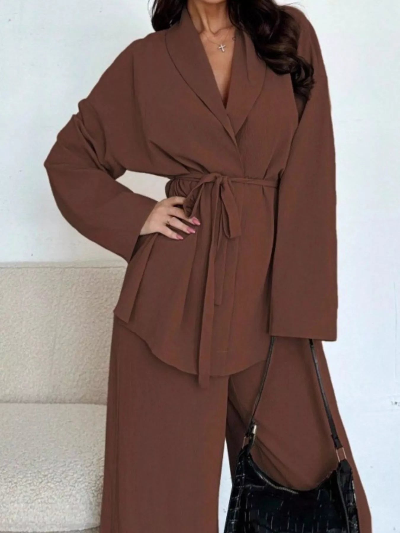 Front Tied Shirt and Wide-Leg Pants Set OutfitFlow