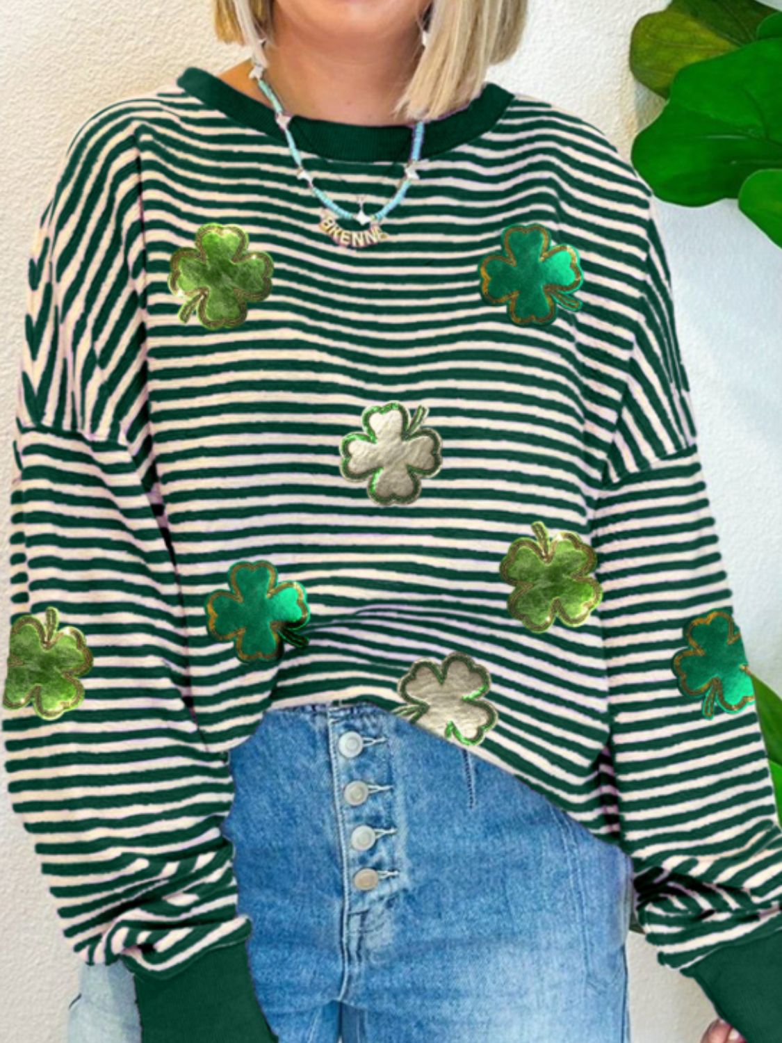 Stripe Lucky Clover Drop Shoulder Sweatshirt OutfitFlow