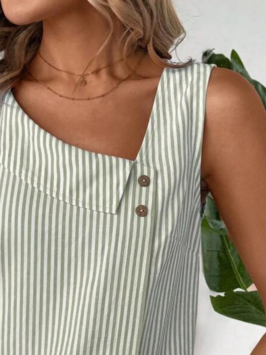 Decorative Button Asymmetrical Striped Tank OutfitFlow