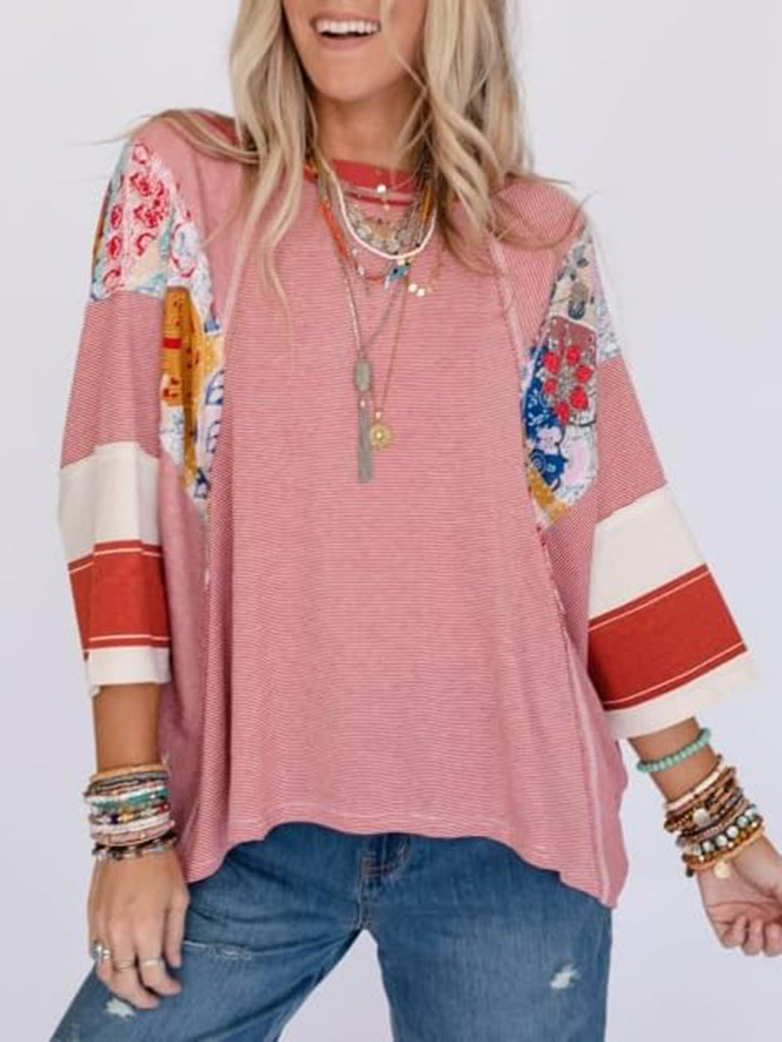 Outfit Flow - Color Block Printed Three-Quarter Sleeve Top