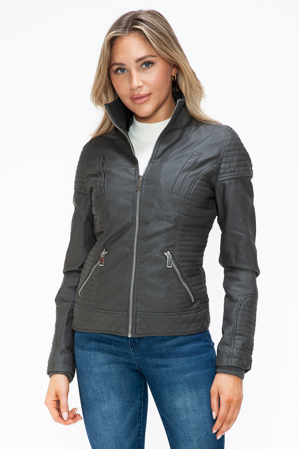 Outfit Flow - YMI Faux Layered Double-Zipper Jacket with Fuzzy Hood