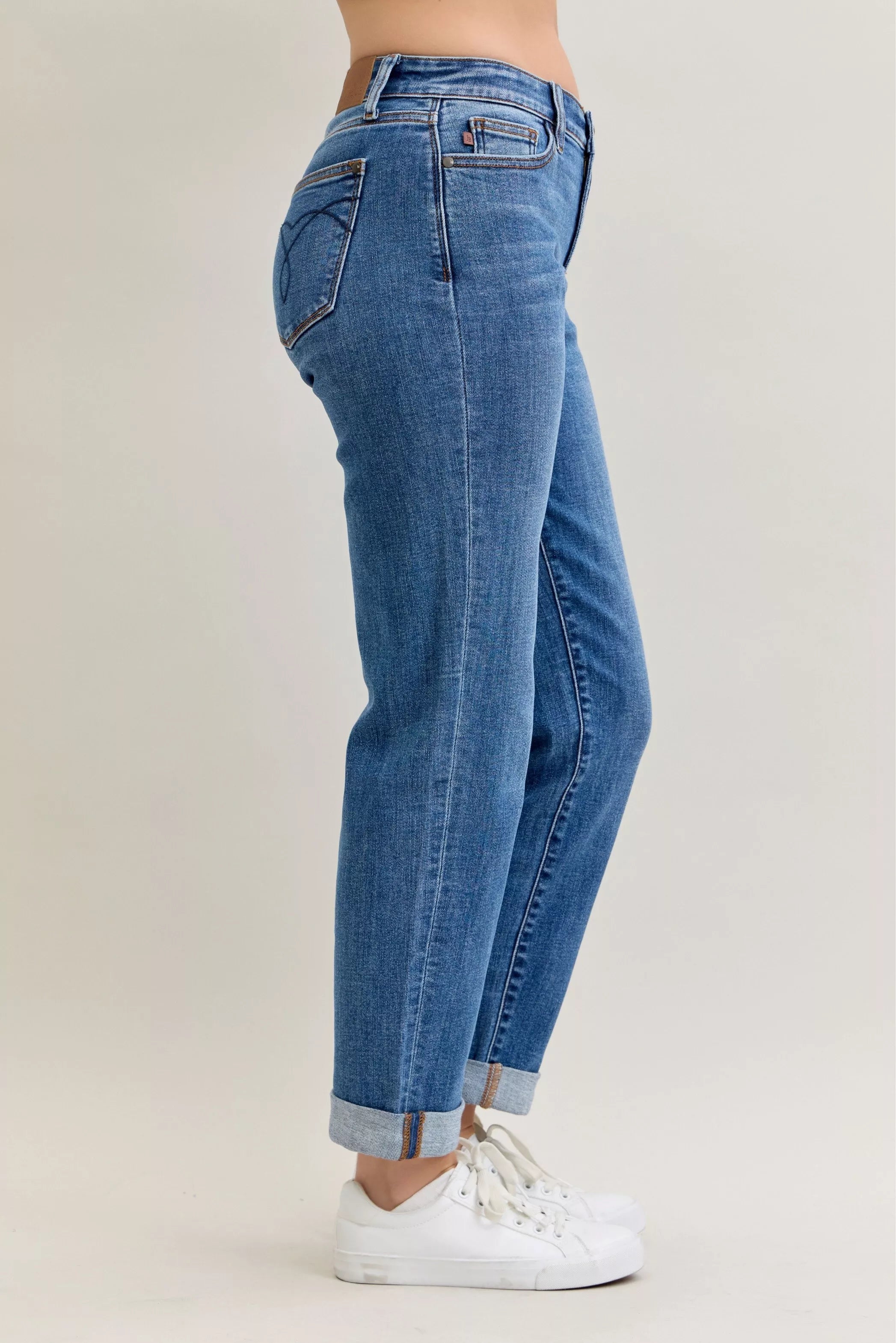 Judy Blue Full Size Mid Rise BF Classic Cuffed Jeans Plus Size OutfitFlow