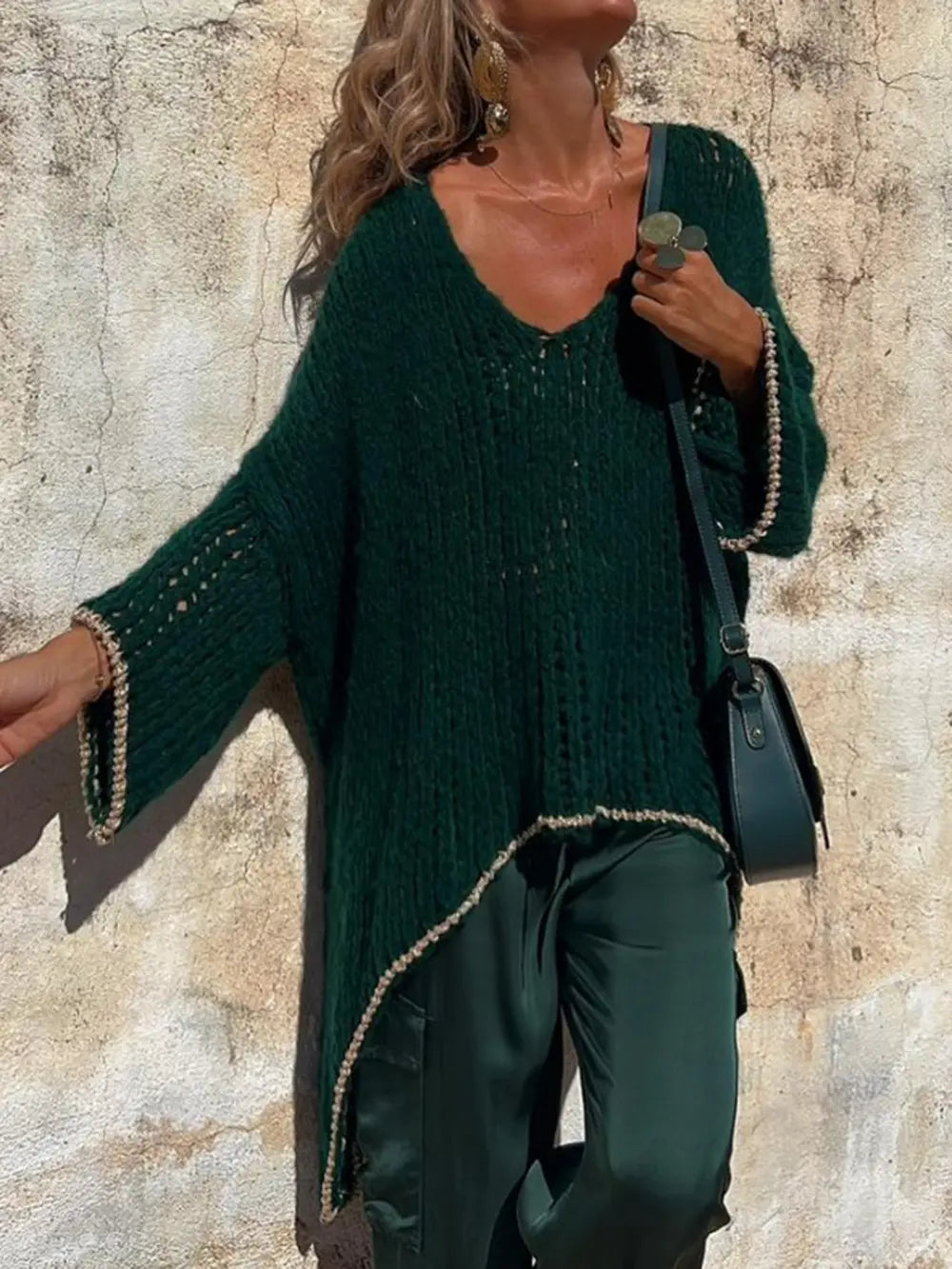 Contrast V-Neck Long Sleeve Sweater OutfitFlow