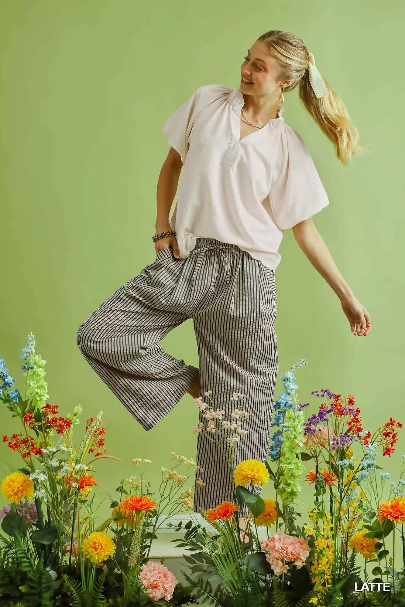 Umgee Drawstring Striped Wide-Leg Pants Trendsi