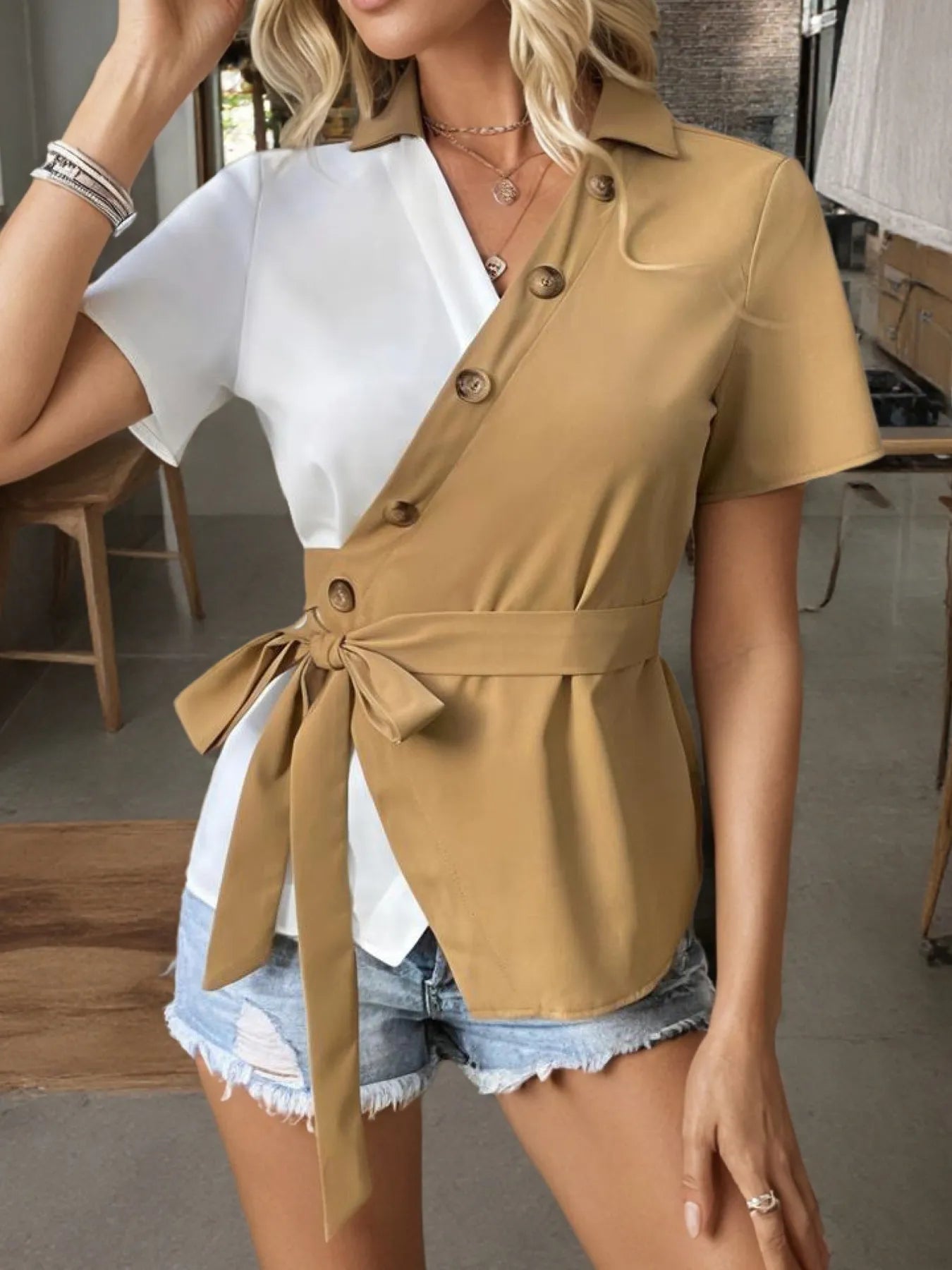Two-Tone Short Sleeve Blouse with Tie Waist OutfitFlow