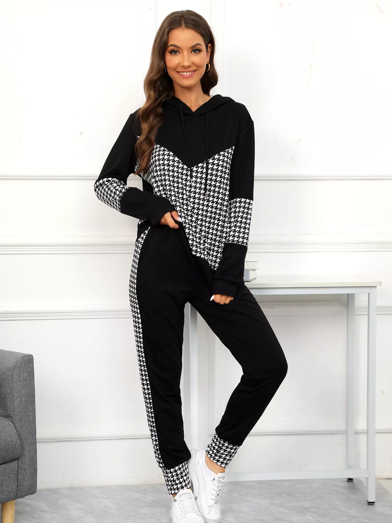Houndstooth Drawstring Hoodie and Pants Se Black OutfitFlow